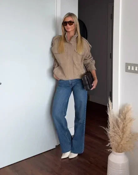 Solid Suede Zipper Cropped Jacket Women Casual Stand Collar .