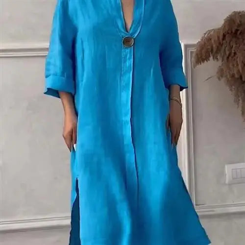 Women's Casual Button-Up Linen irt Long Ne round Color women fashion;/MH