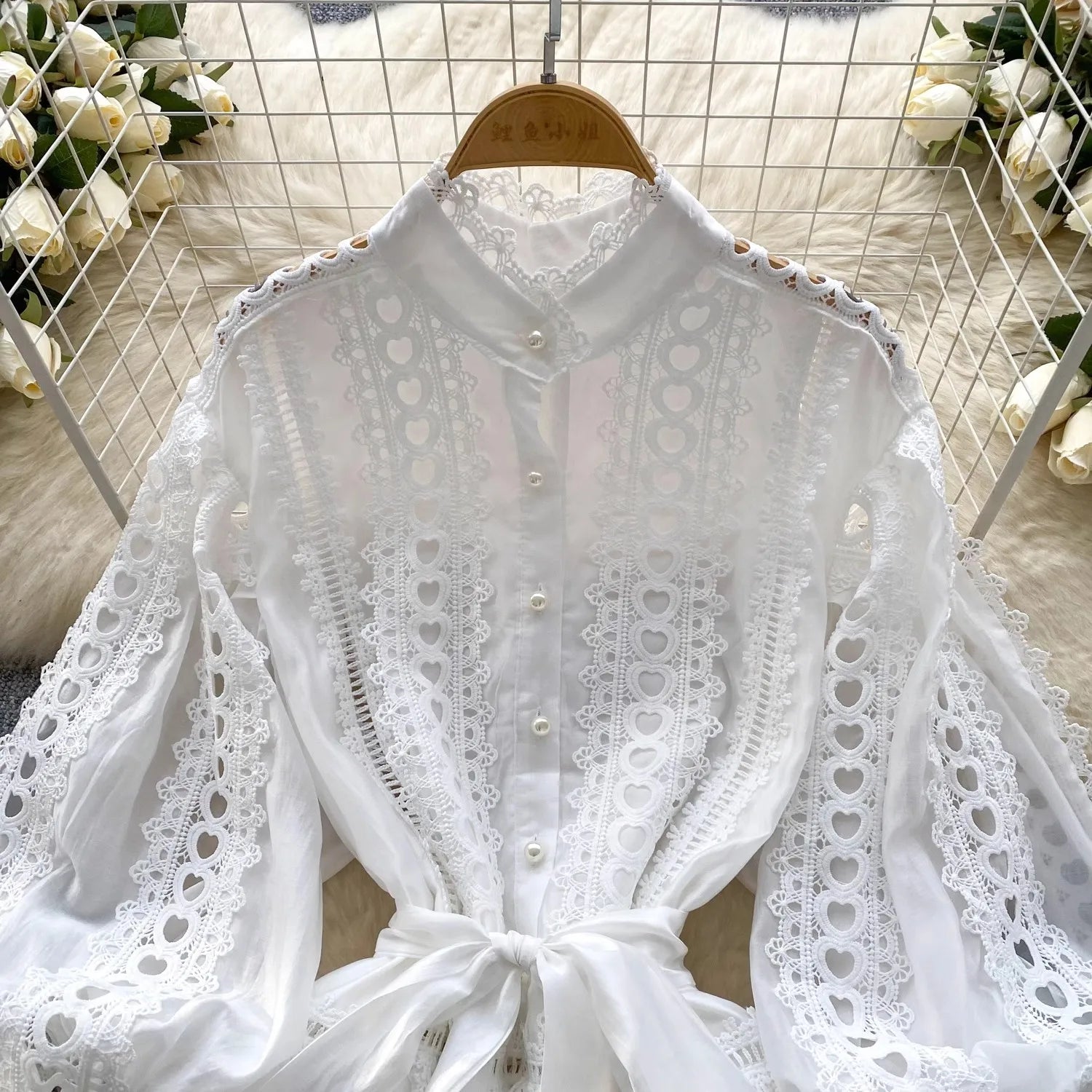 Spring Summer Embroidery Lace Stitching Hollow Out Midi Dress Women's Stand Collar Single Breasted Belt Loose Party Vestidos