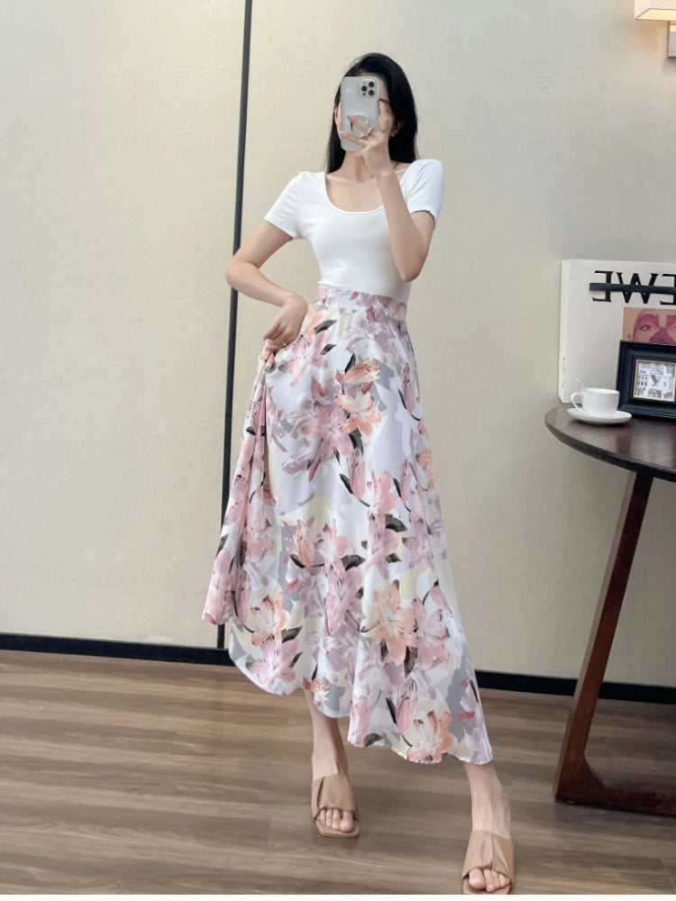 Summer High Waist Women Skirts Casual Floral Printed Chiffon.