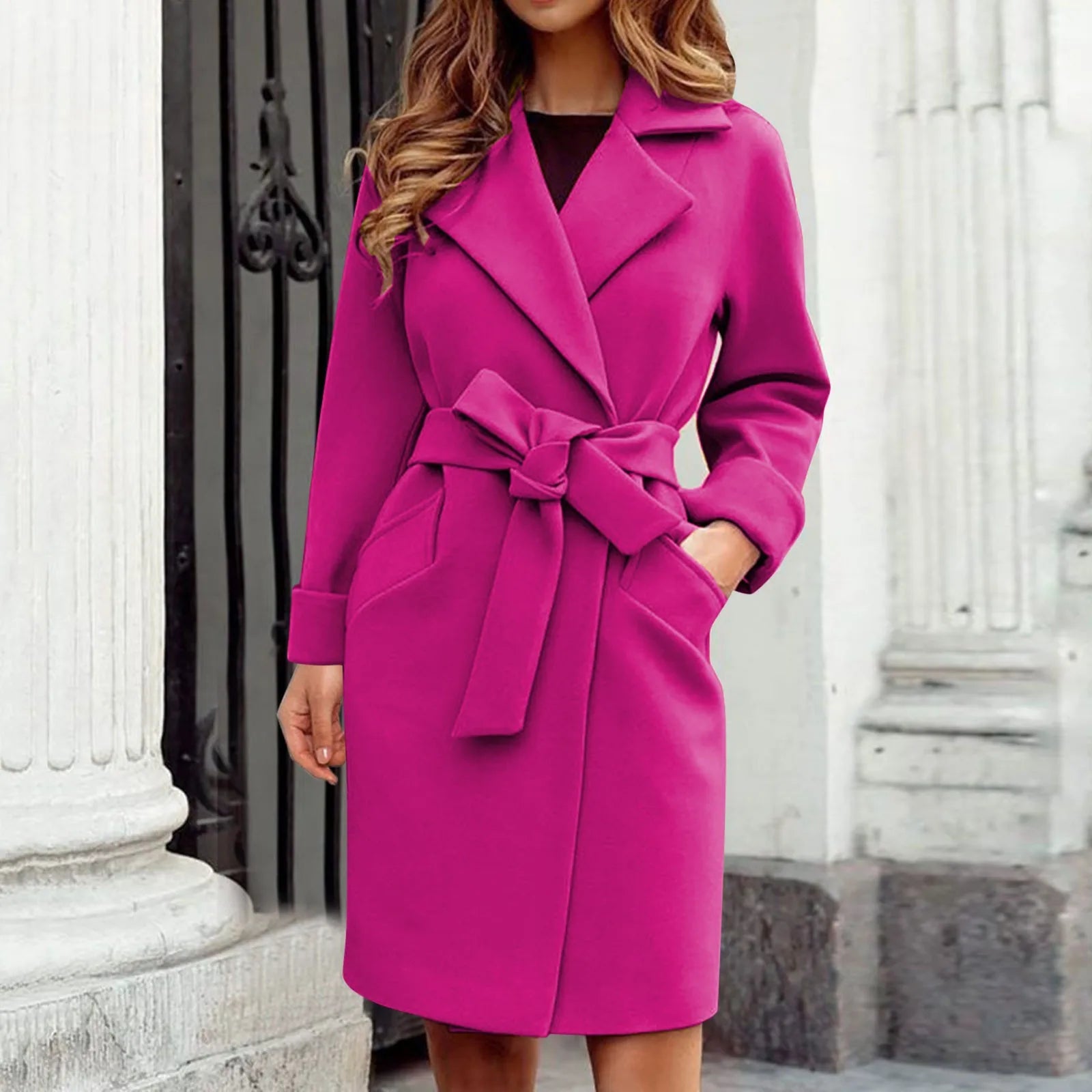 Women Hot Pink Trench Coat Casual Mid Long Overcoat.