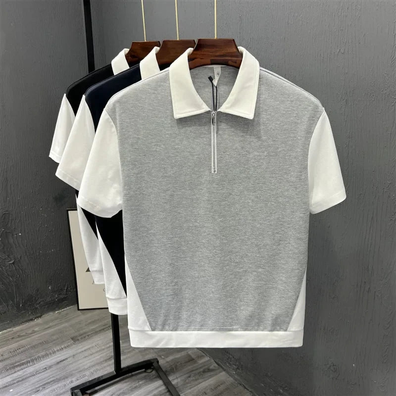Fashionable Half-zipped Men's Polo Shirt Casual Color Block Short Sleeves Summer Trendy Lightweight Style Men's T-shirt