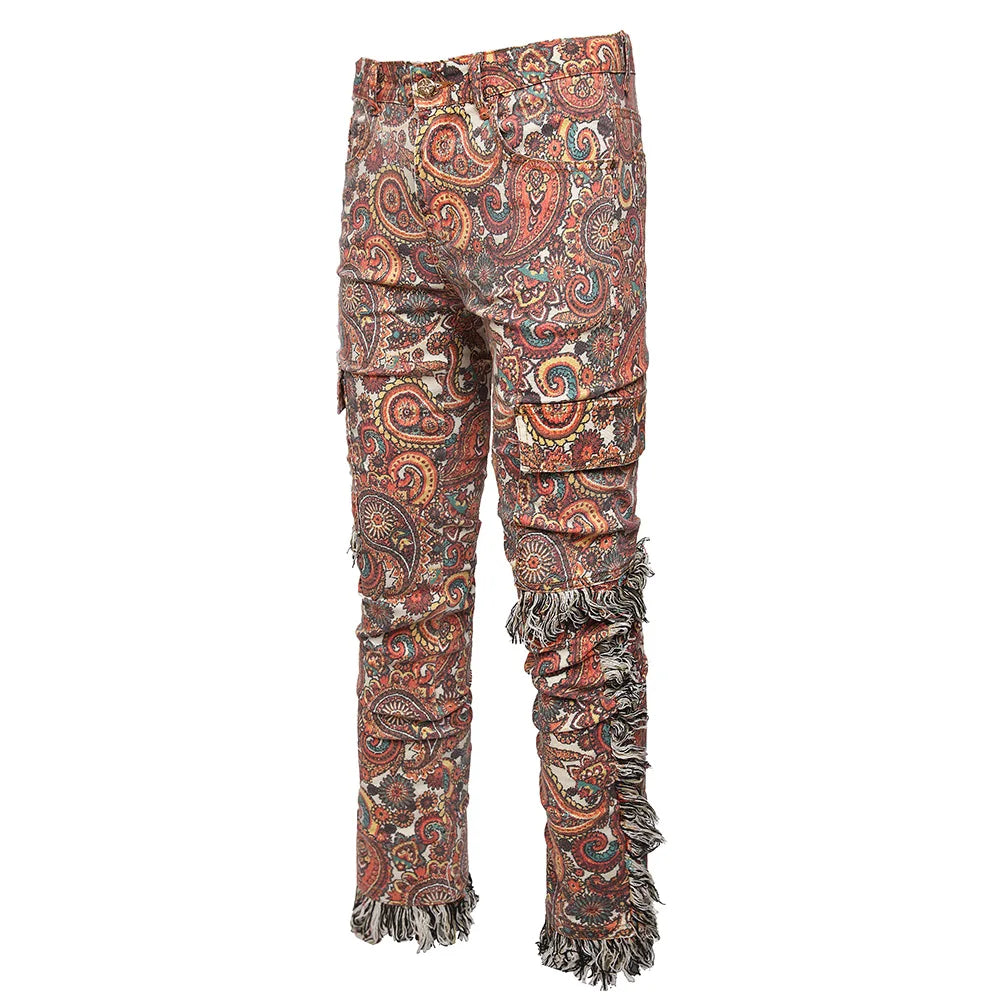 Men Bandana Print Pants Plus Size Multi Pockets Cargo Jeans .