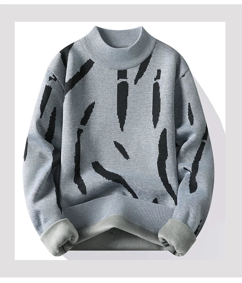 2024 M-4XL Autumn/Winter New Men's Sweater Half High Collar Zebra Pattern Color Blocked Velvet Knitted Sweater Warm Hoodie Top