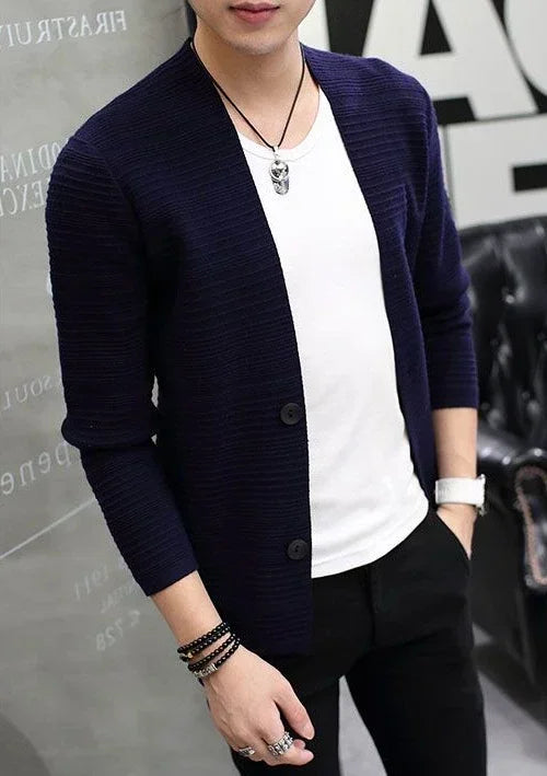 Knit Sweater Male Men's Clothing Cardigan Black Slim Fit Plain .