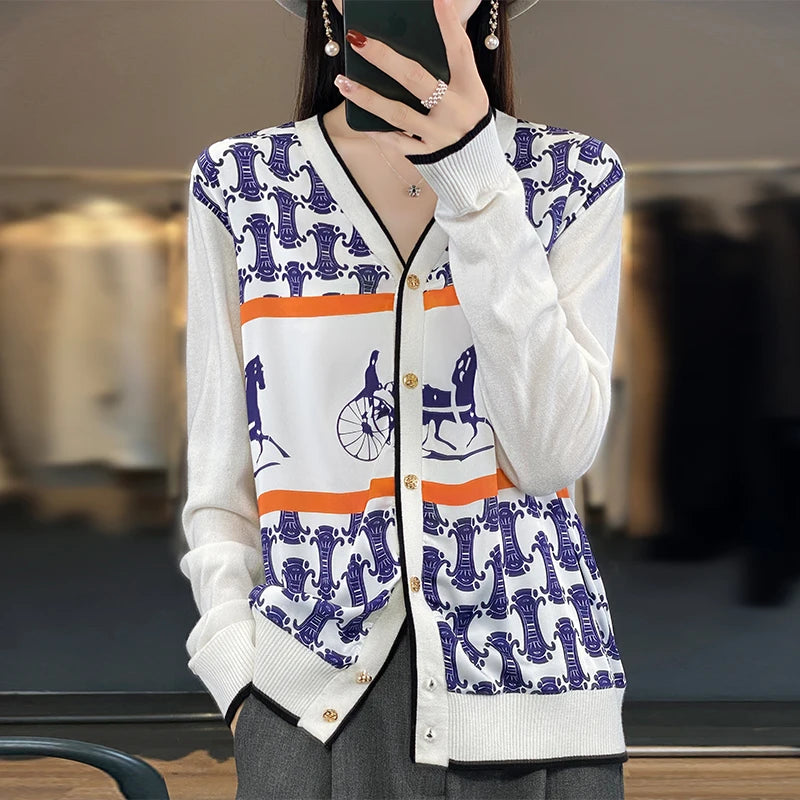 Spring and Autumn New Woven Wool Cardigan Women's V-neck.