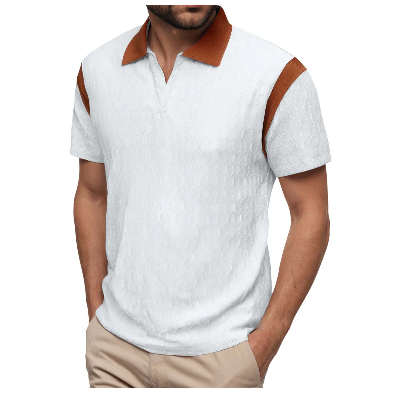 2025 Trendy Men'S polo Shirt With Color Block Design Summer Casual Lapel Shirt Knitted Jacquard Short Sleeve Versatile Shirt