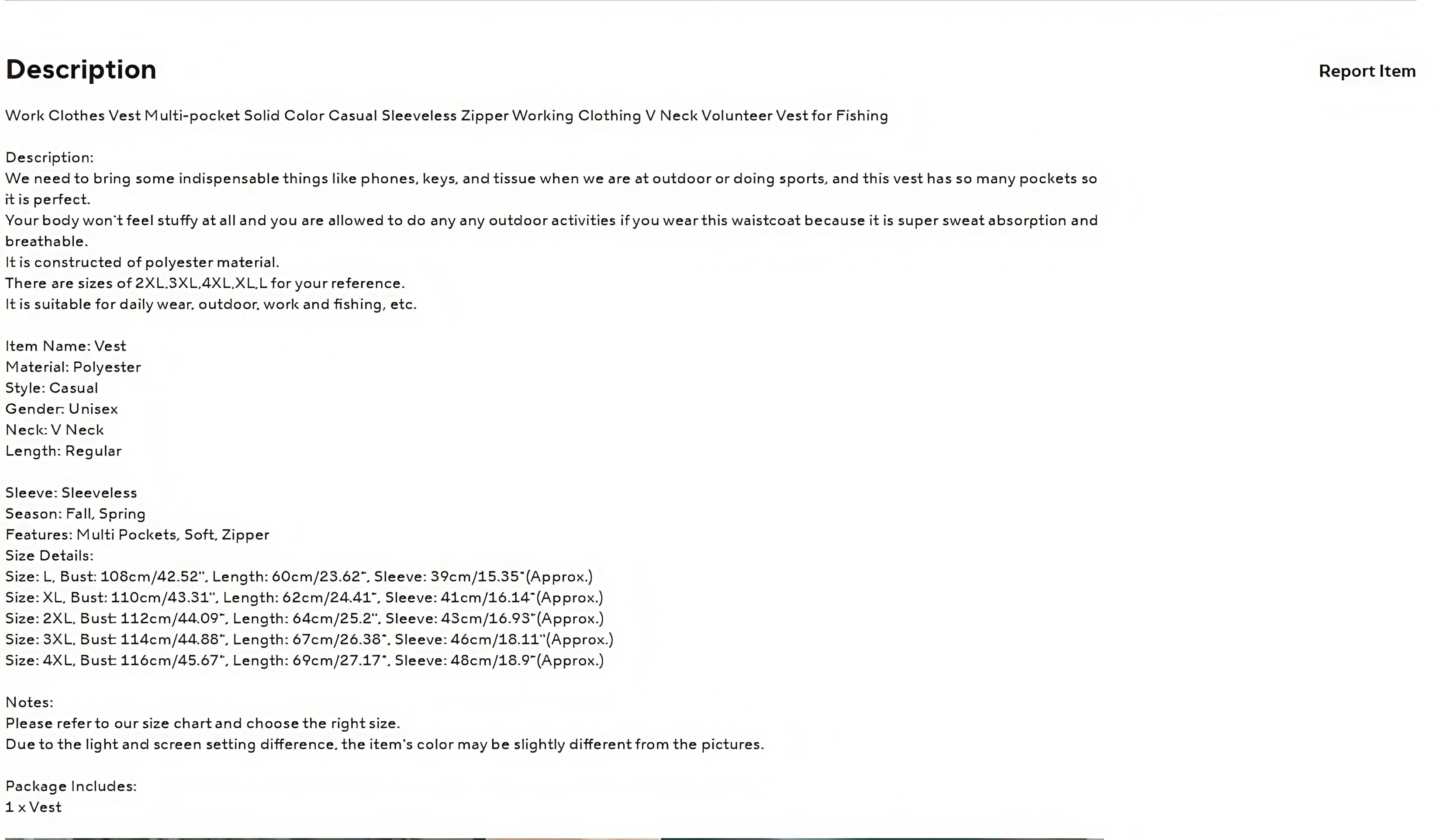 Work Clothes Vest Multi-pocket Solid Color Casual Sleeveless.