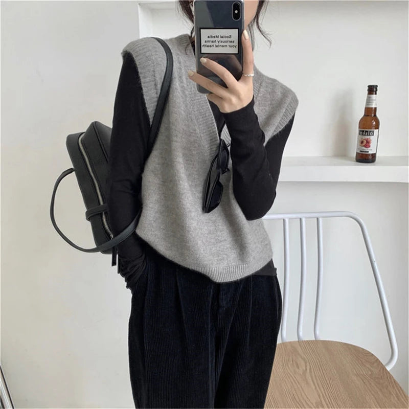 Sleeveless Knitted Sweater Vests Women Casual Solid Loose Outerwear .