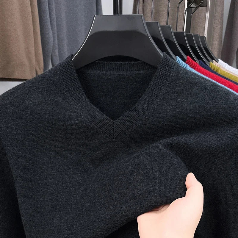 New Sweatwear Men's V Neck Basic Solid Color Sweaters Round Neck Elastic Pullovers Warm Autumn Knitted Oversized Sweater Men