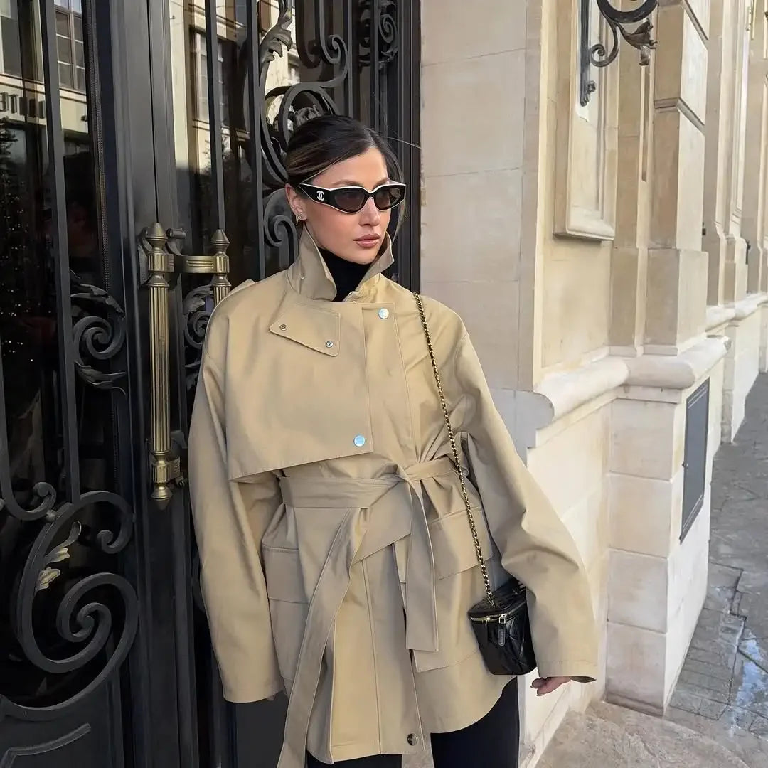 Single Breasted Khaki Belt Trench Coat Women.