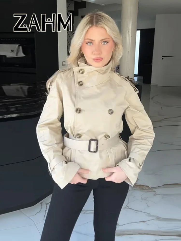 Fashion Women's Short Belt Jackets Long Sleeve Stand Collar Double Breasted Female Coat 2025 Autumn Lady Solid Outwear