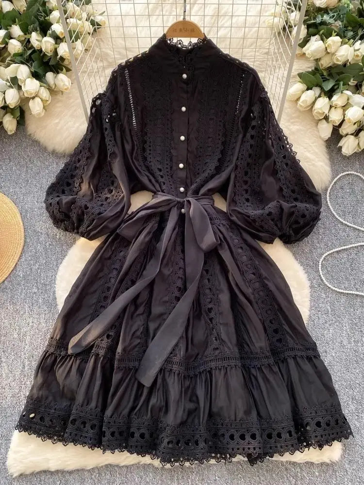 Spring Summer Embroidery Lace Stitching Hollow Out Midi Dress Women's Stand Collar Single Breasted Belt Loose Party Vestidos