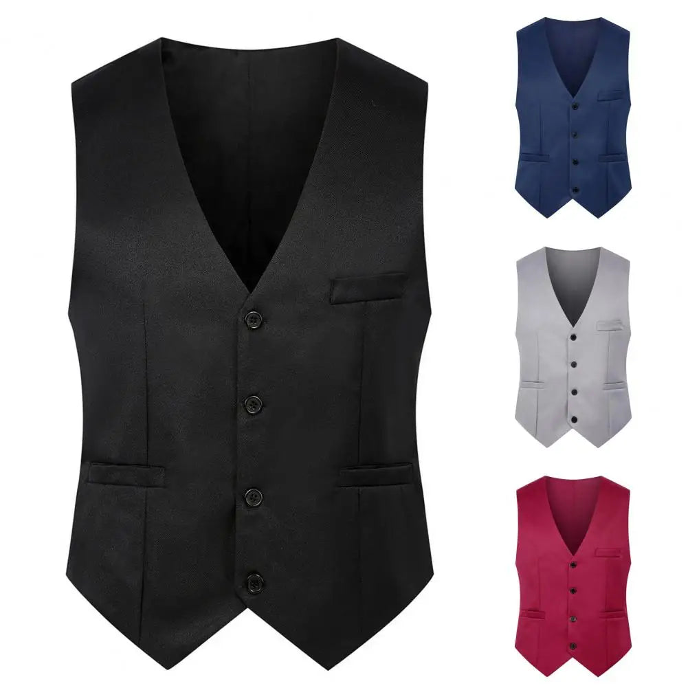 Formal Vest Sleeveless Pockets Single-Breasted Male .