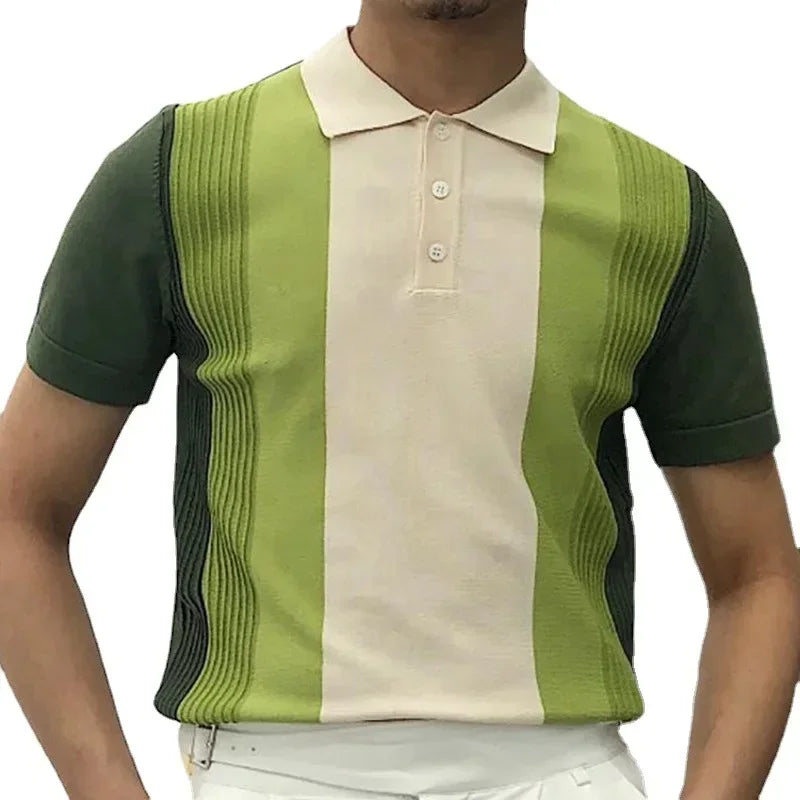 2025 Summer Contrast Color Knitted Polo Shirts Men Green Stripe Turn-down Collar Tops for Men Slim Fit Casual Business Polos