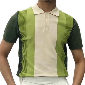 2025 Summer Contrast Color Knitted Polo Shirts Men Green Stripe Turn-down Collar Tops for Men Slim Fit Casual Business Polos