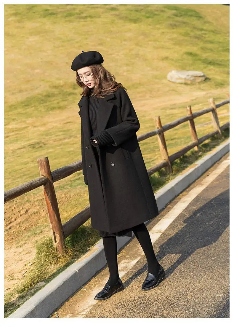 Black Woolen Coat Women's Mid Length New Style .