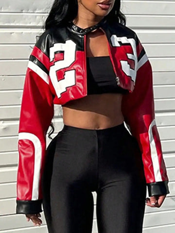 Women's Faux Leather Jacket Short Red Coat Zipper Bomber Jacket.
