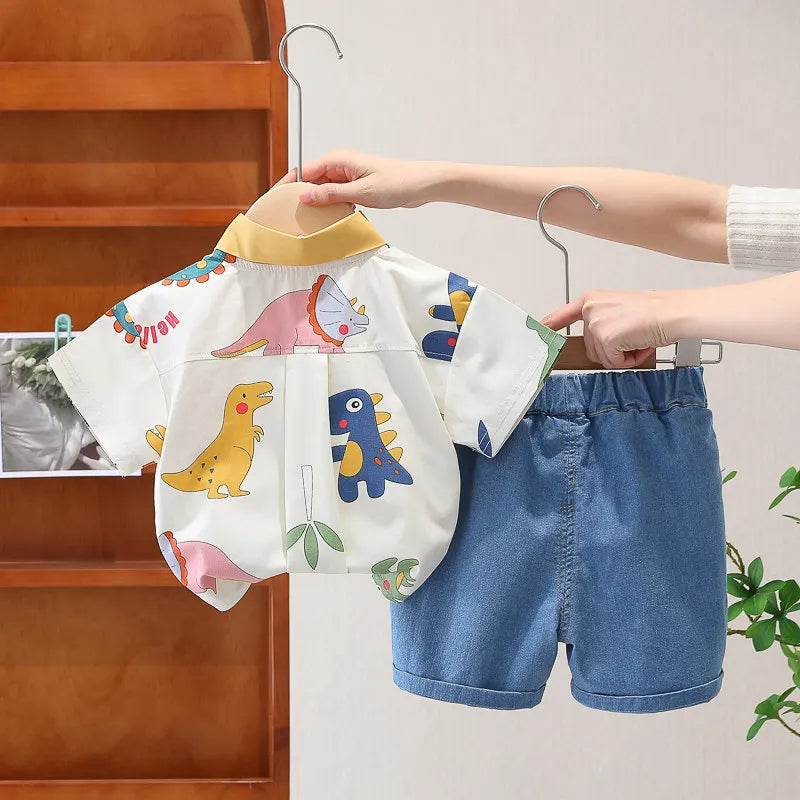 Children Print Dinosaur Shirts Denim Shorts 2Pcs/Set Kids Fashion .