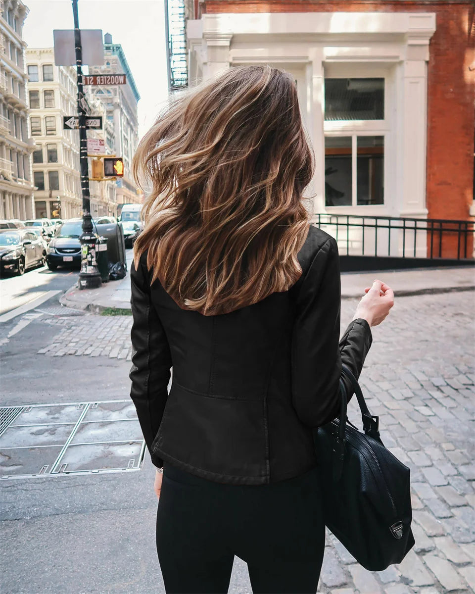 Women Cool Slim Fit Faux Leather Jacket Long Sleeve .