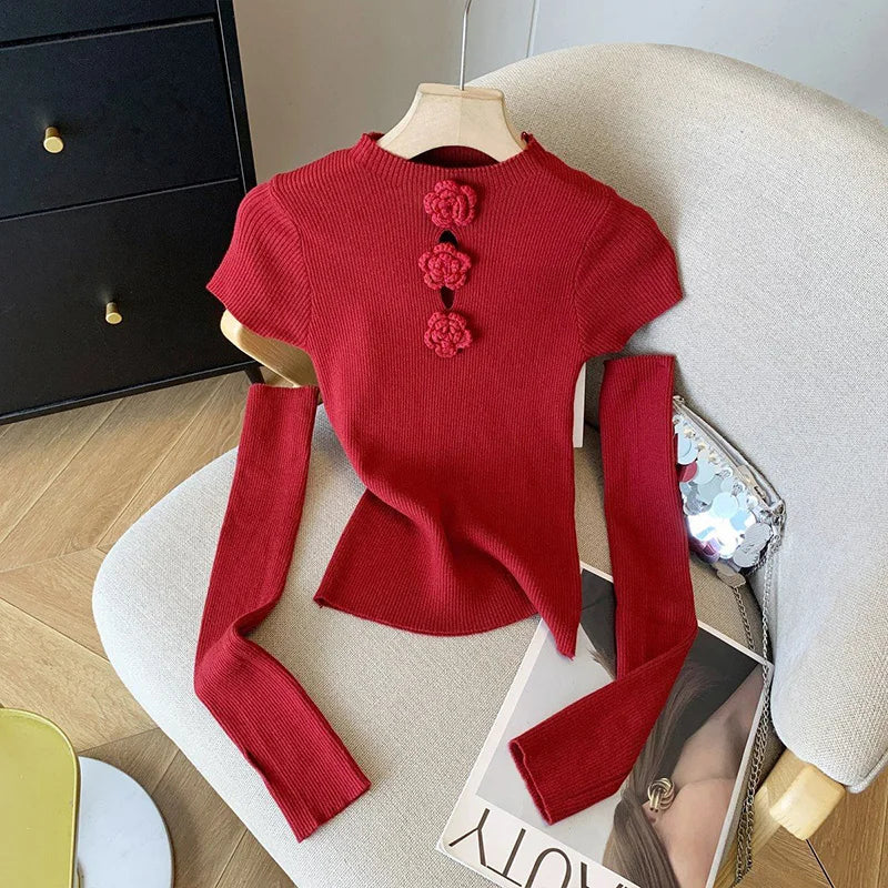 Women's Clothing Fashion Floral Solid Knitted Sweaters Spring Summer Elegant Slim O-neck Long Sleeve Tops