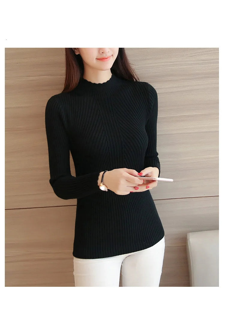 Autumn Women Mock Neck Ruffles Sweater Long Sleeve.