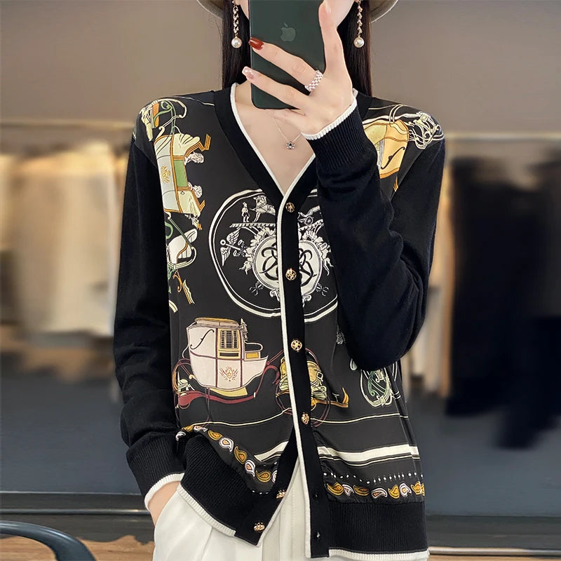 Spring and Autumn New Woven Wool Cardigan Women's V-neck.
