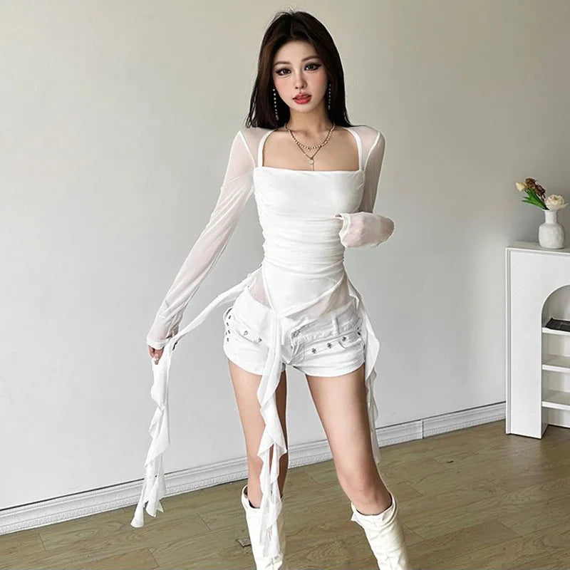 Ruffle Irregular Long Sleeve Women T Shirt Y2K Fashion Streetwear Patchwork Asymmetrical Top Korean Chic Sheer Mesh Ladies Tees