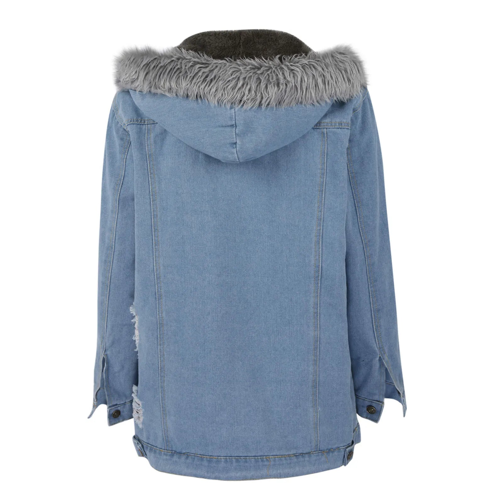 New Fashion Hooded Big Fur Collar Denim Jacket .