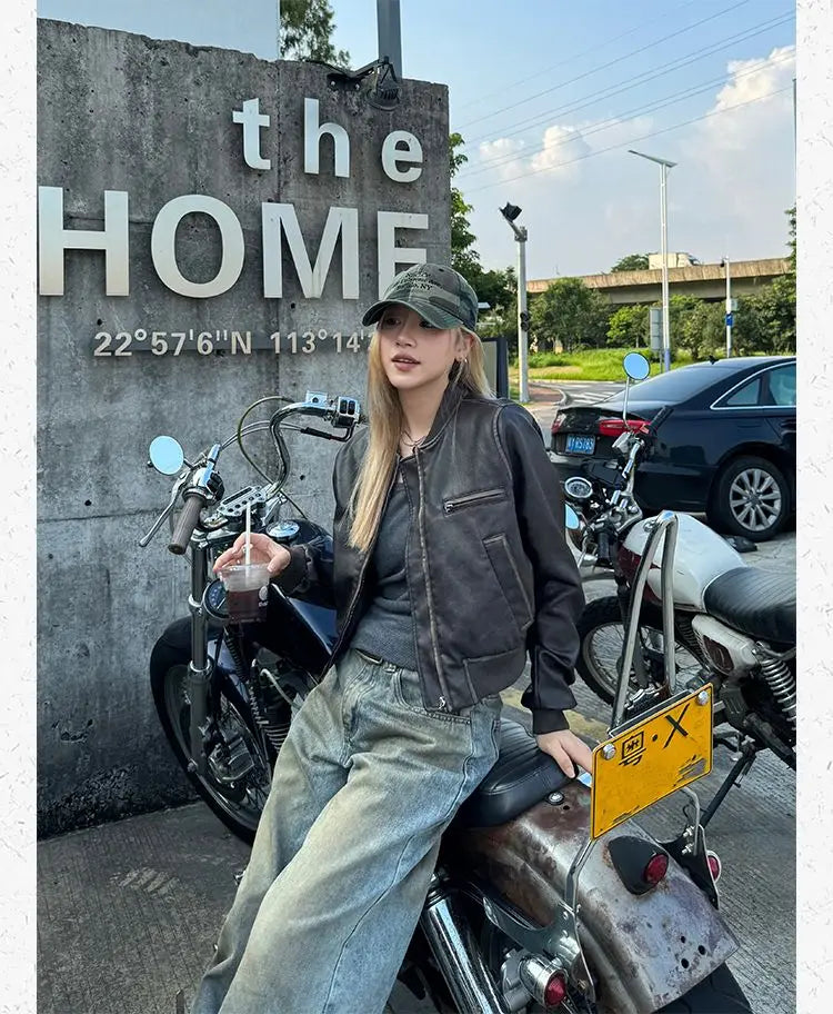 American Vintage Short Motorcycle Leather Jacket Women.