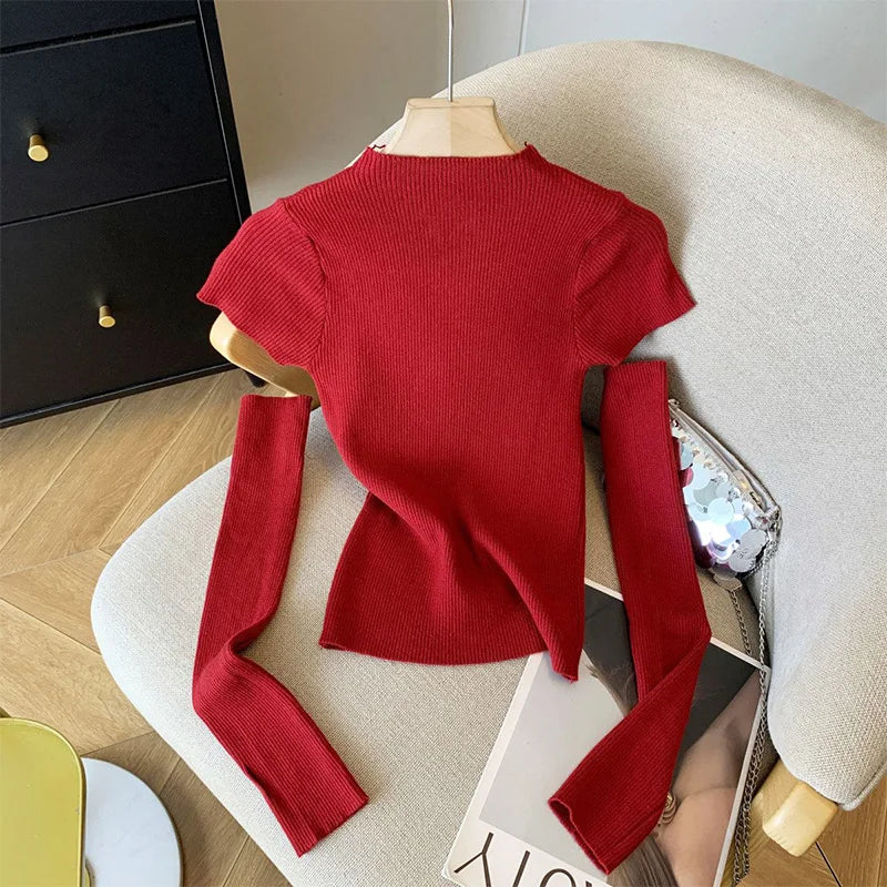 Women's Clothing Fashion Floral Solid Knitted Sweaters Spring Summer Elegant Slim O-neck Long Sleeve Tops