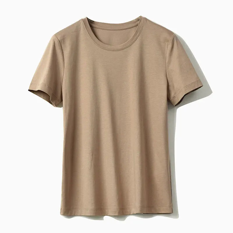 Summer Mercerized Cotton Women Silk T-shirts O Neck Short Sleeve Loose Straight T-shirts Casual Tees For Minimalist 2021