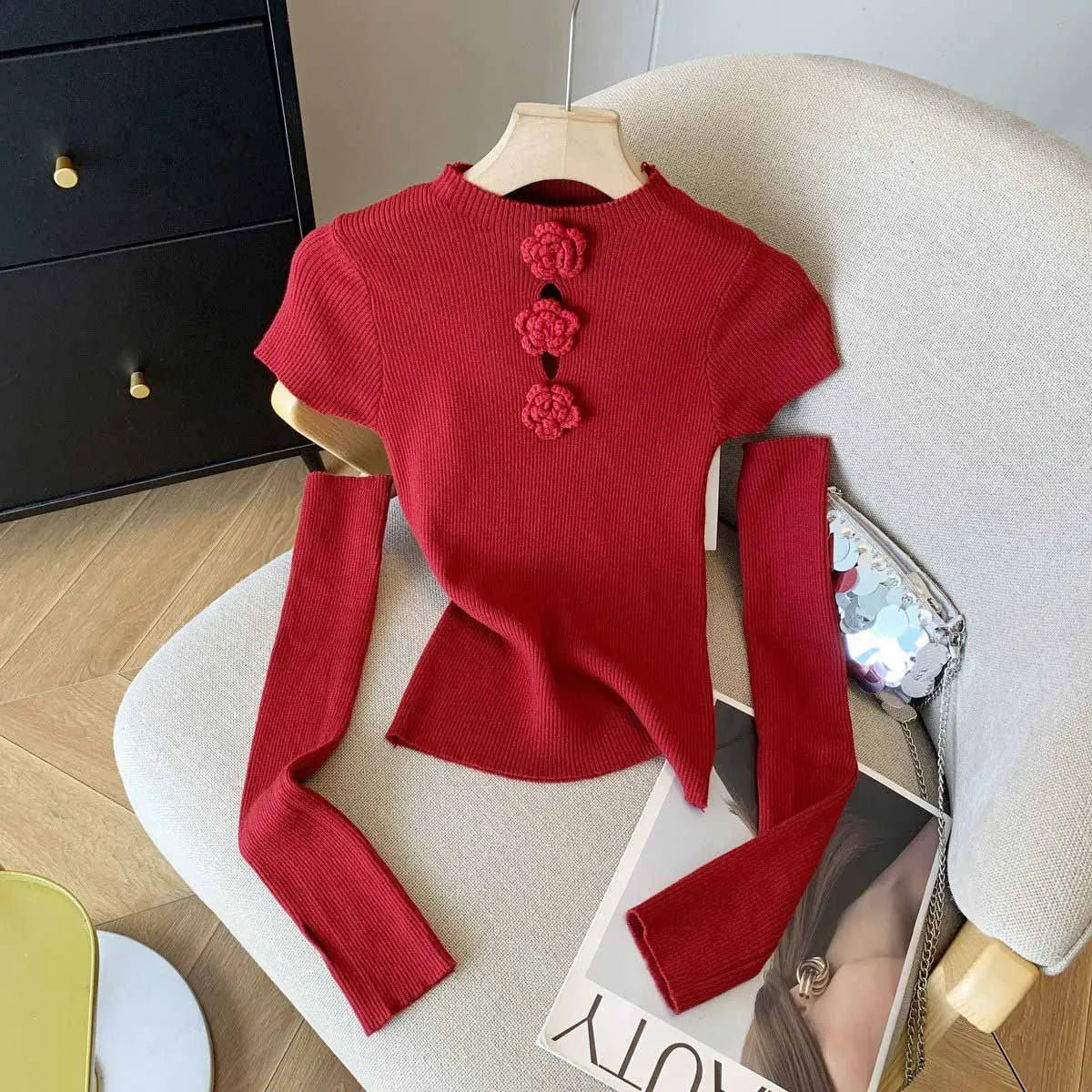 Women's Clothing Fashion Floral Solid Knitted Sweaters Spring Summer Elegant Slim O-neck Long Sleeve Tops