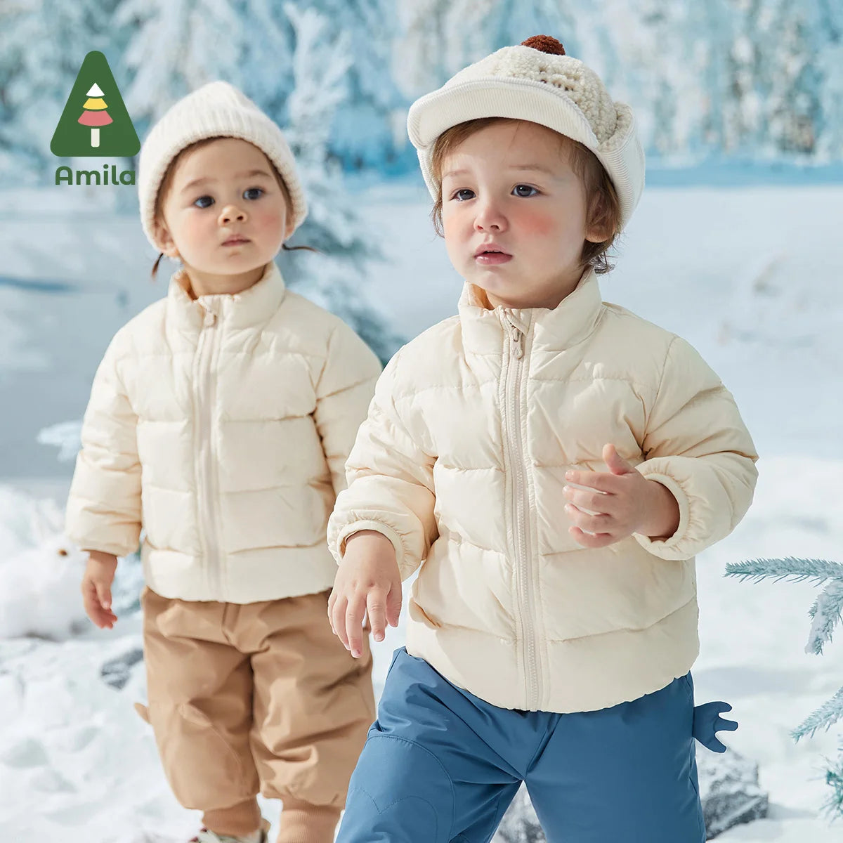 Amila Baby Down Jacket 2024 Winter New Boys Girls Fashion Patchwork Hooded Warm Overcoat Three in One with Pockets Kids Clothing