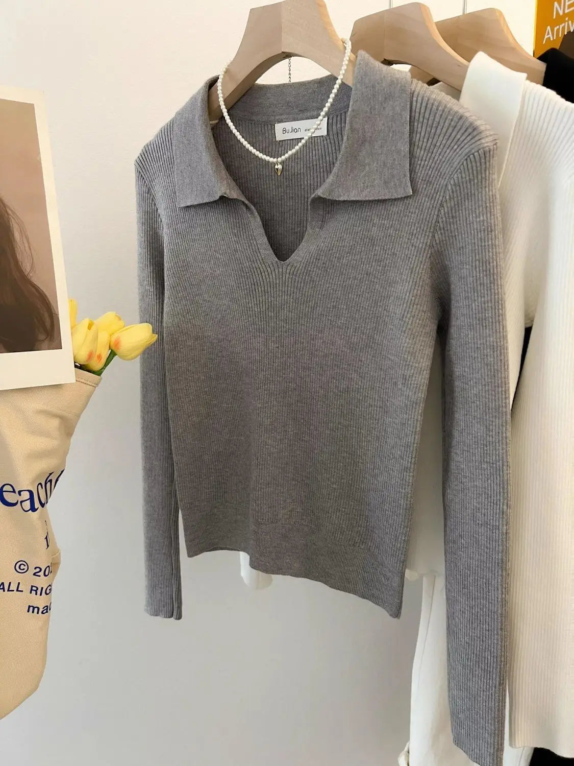 Women Clothing Vintage Fashion Solid Turn-down Collar Pullovers.