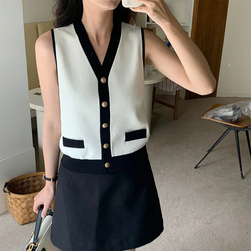 V-neck Classic Vest Women‘s Spring/Summer Viscose Basic Butoon .