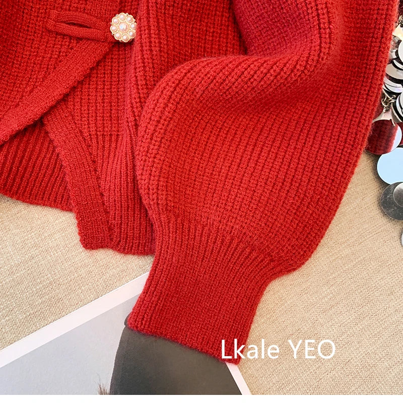 New 2025 Autumn Winter Design Splicing Slim Women Knitted Cardigan Sweater Jacket Fashion Fake Two Items Loose Ladies Top