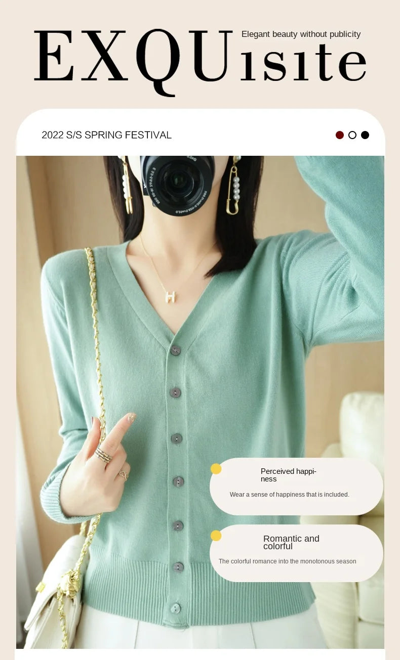Cashmere Knit Cardigan V-Neck Solid Color Fashion High-Grade Comfortable.