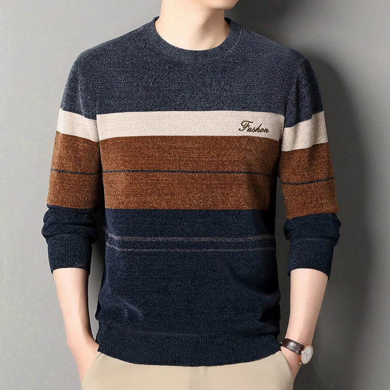Mens Fashion Striped Sweater Round Neck Pullover Fleece.