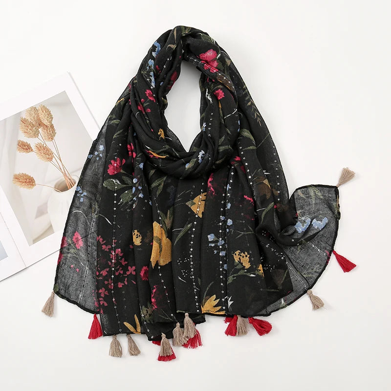 New Printed Soft Linen Cotton Scarf Shawls Women Muslim Hijabs Premium Foulard Femme Long Fresh Floral Tassel Scarves Echarpe
