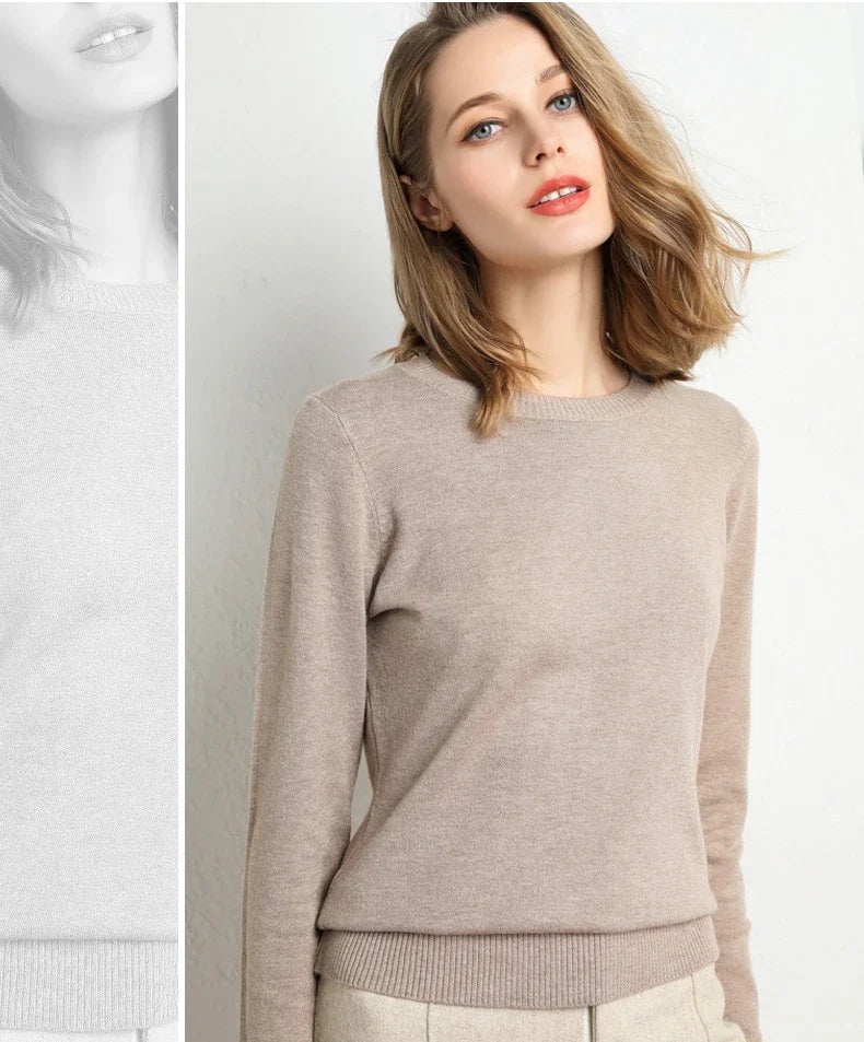 Women Slim O-Neck Pullover Cashmere Wool Blending Sweater.
