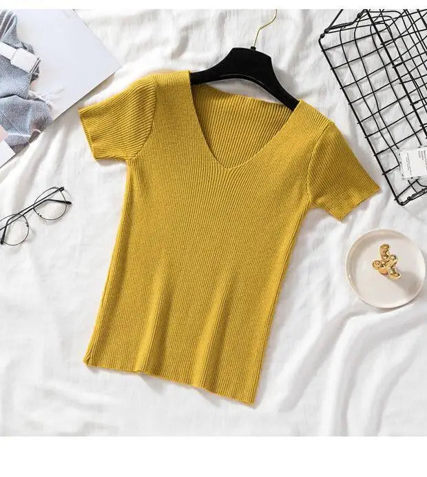 V-neck Solid Thin Summer Women Pullover Female Knitted Ribbed Sweater.