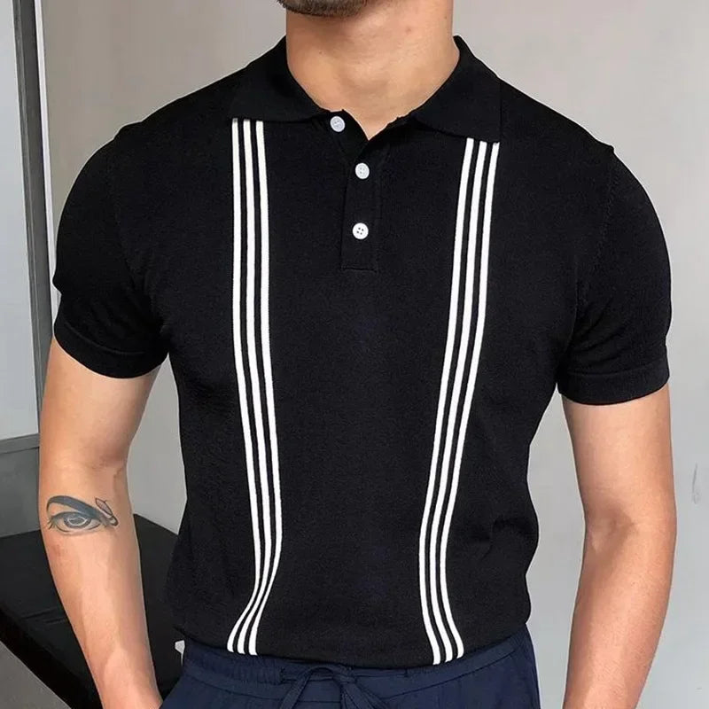Men's Polo Shirts Vintage Striped Lightweight Knit Golf Shirts Classic Casual Short Sleeves Tops Male Business Social Shirt