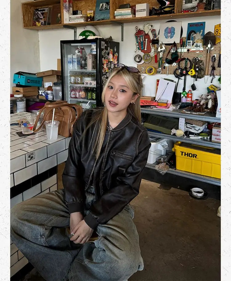 American Vintage Short Motorcycle Leather Jacket Women.
