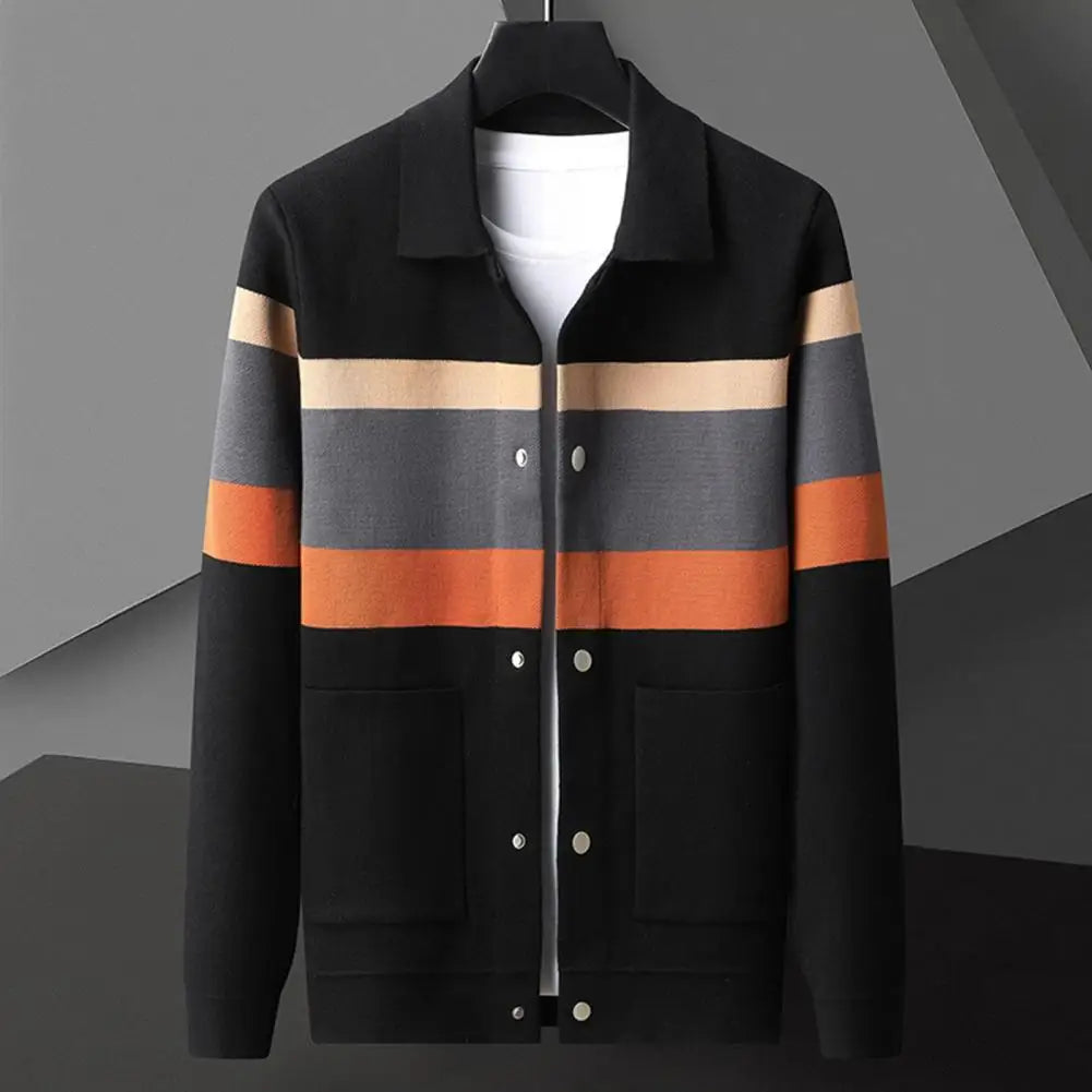 Fall Winter Men Cardigan Sweater Coloblock Turn-down.
