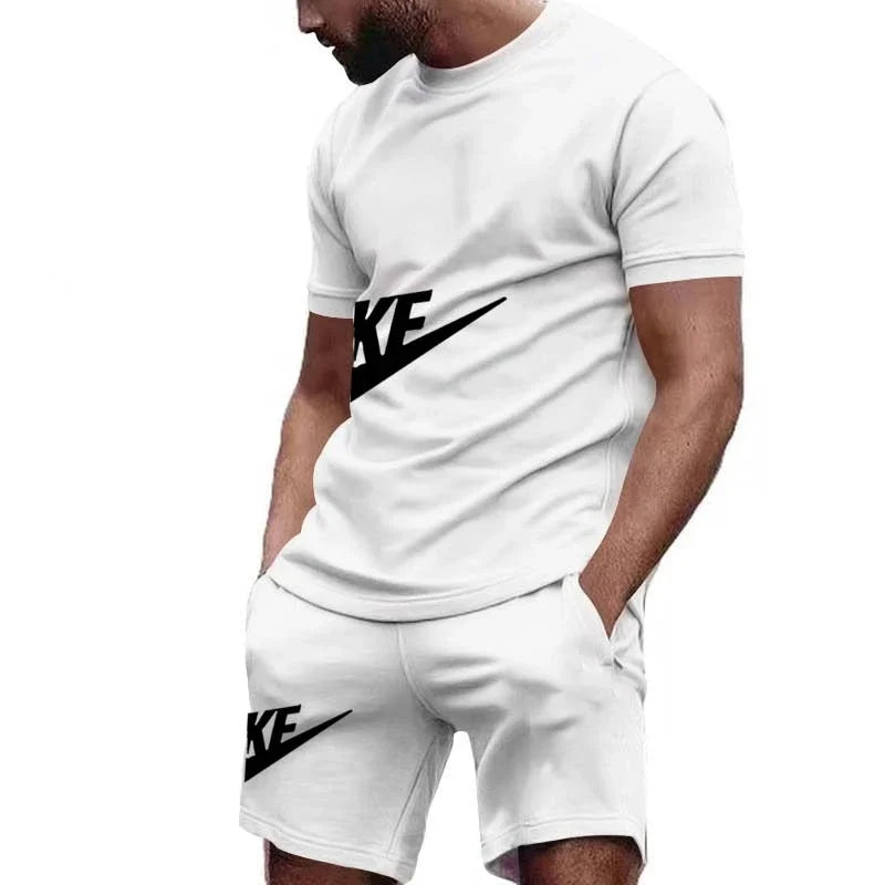 Men 2025 summer new casual sports suit Fashion breathable outdoor men's short-sleeved T-shirt + training shorts two-piece set