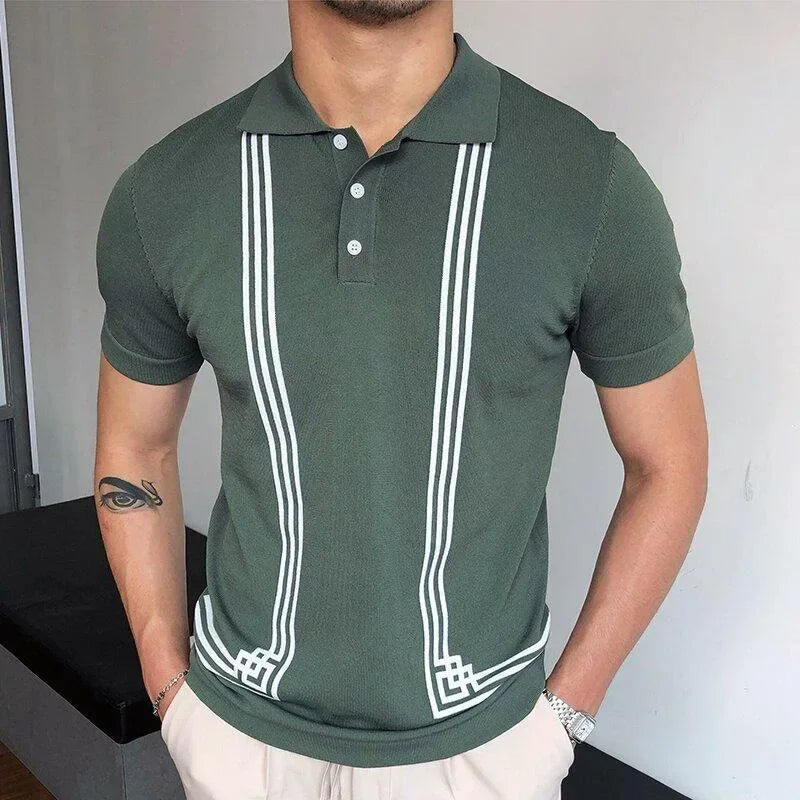 2025 Summer Contrast Color Knitted Polo Shirts Men Green Stripe Turn-down Collar Tops for Men Slim Fit Casual Business Polos
