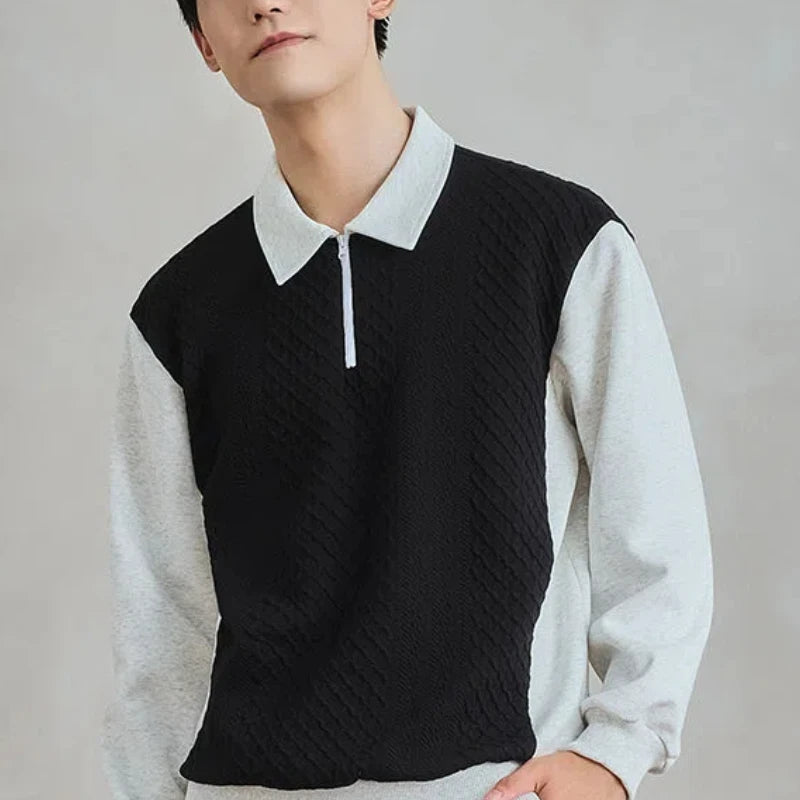 Trend Fashion Men Polo Shirts Spring Autumn New Lapel Half Zipper Fake Two Pieces Contrast Color Korean Casual Long Sleeve Tops