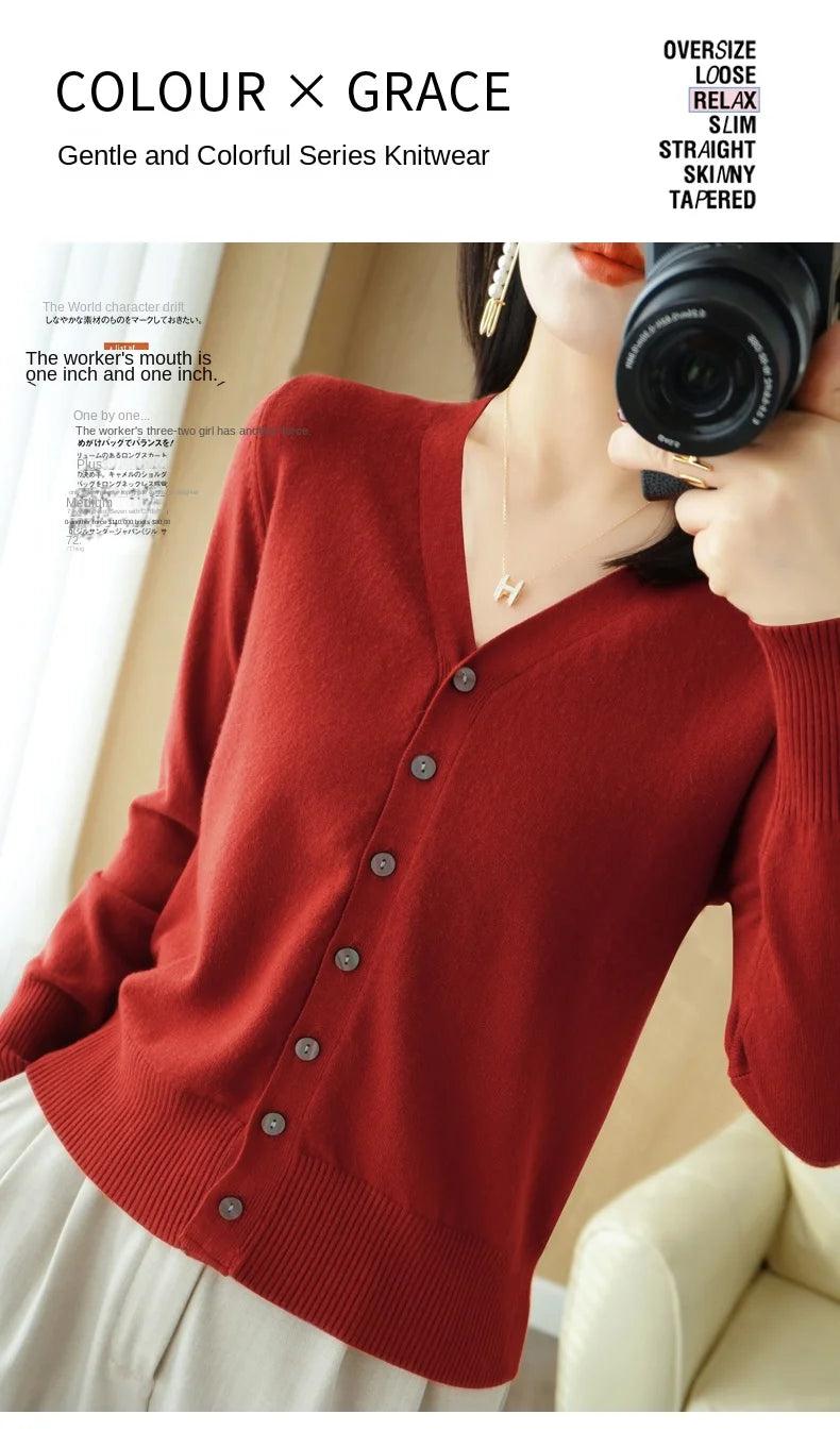 Cashmere Knit Cardigan V-Neck Solid Color Fashion High-Grade Comfortable.