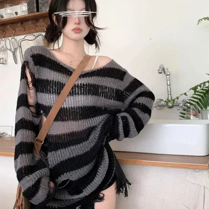 ZMZBCH Sexy Hollow Out Striped Long Sweaters .